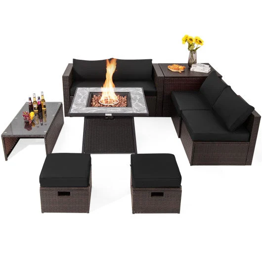 COSTWAY 9 Pieces Patio PE Wicker Sectional Set With 50000 BTU Fire Pit Table-Black