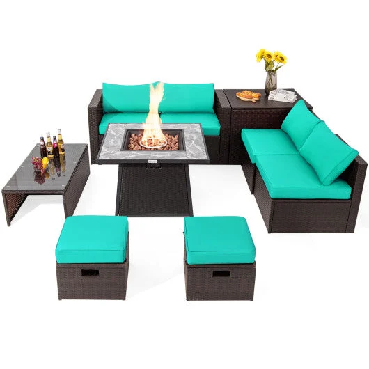 COSTWAY 9 Pieces Patio PE Wicker Sectional Set With 50000 BTU Fire Pit Table-Turquoise