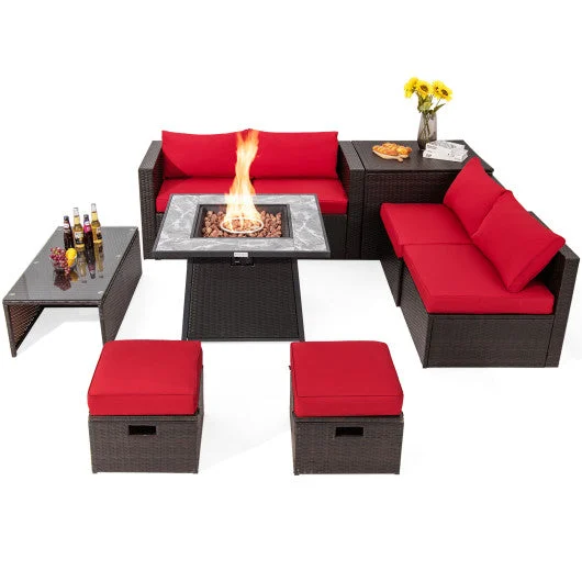 COSTWAY 9 Pieces Patio PE Wicker Sectional Set With 50000 BTU Fire Pit Table-Red