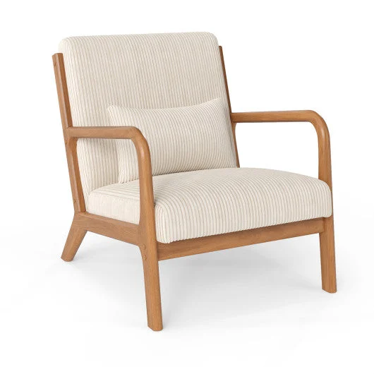COSTWAY Accent Chair Corduroy Upholstered Lounge Chair With Lumbar Pillow-Beige