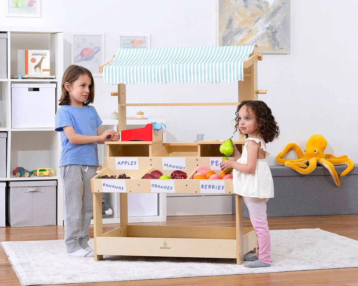 Avenlur Cypress Wooden Market Stand – Pretend Play Shop for Kids With Storage