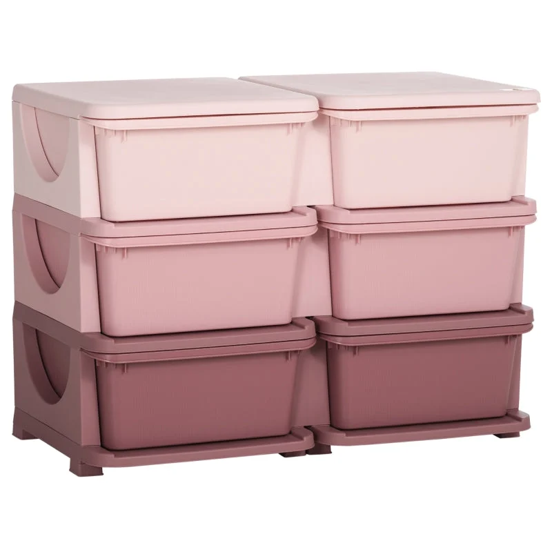 Qaba 3 Tier Kids Storage Unit, 6 Drawer -Pink