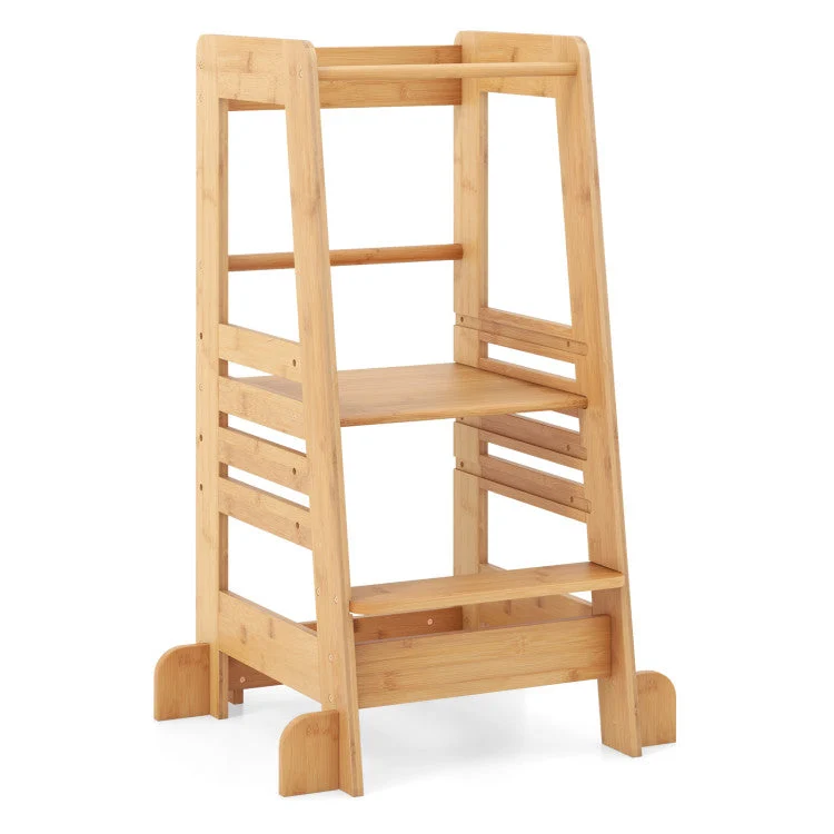 COSTWAY Bamboo Kids Kitchen Step Stool With Adjustable Height and Safety Rails-Natural