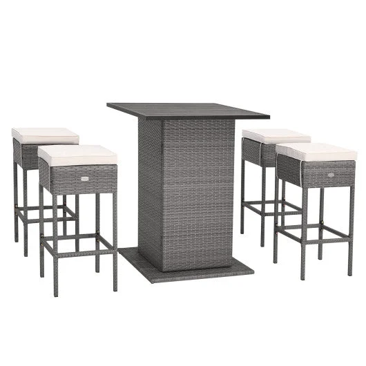 COSTWAY 5 Pieces Outdoor Wicker Bar Table Set With Hidden Storage Shelves-White