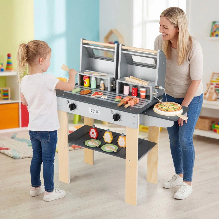 COSTWAY Wooden Kids Barbecue Grill Playset Kids Toy Grill With Abundant Grilling Tools and Play Foods