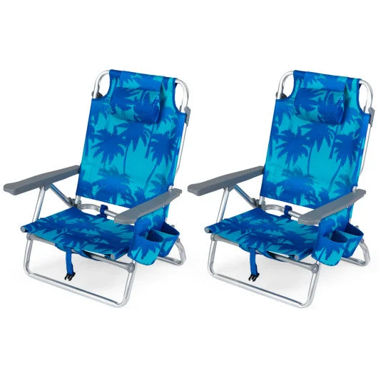COSTWAY Beach Chairs Set of 2 Portable Folding Backpack Recliners With 5-Position Backrest and Padded Headrest-Blue