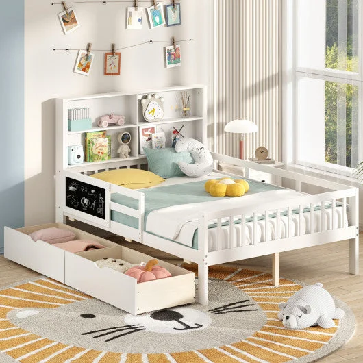 COSTWAY Twin/Full Size Bed Frame With 2 Drawers and Bookcase for Boys and Girls-Full Size
