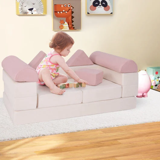 COSTWAY 9-Piece Climb and Crawl Foam and Floor Playset With Breathable Suede Fabric-Pink