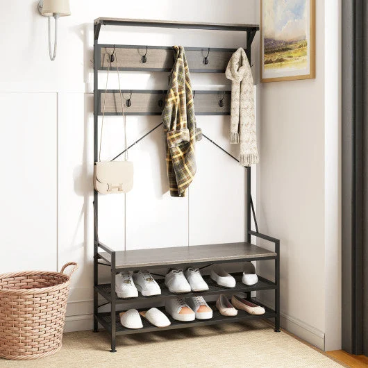 COSTWAY Coat Rack 4-in-1 Hall Tree With 11 Hanging Hooks Shoe Bench-Gray