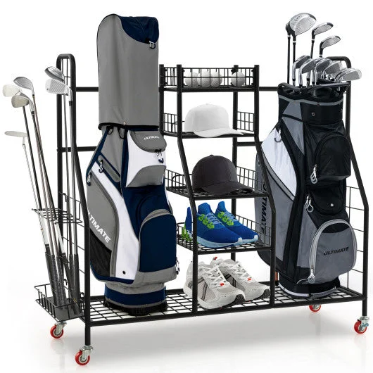 COSTWAY Double Golf Bag Rack With Removable Golf Club Stand and Wheels-Black