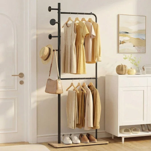 COSTWAY Double Rods Clothes Hanging Rack With Rubber Wood Hooks