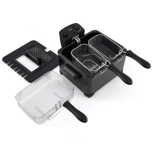 COSTWAY Electric Deep Fryer 5.3QT/21-Cup Stainless Steel 1700W With Triple Basket-Black