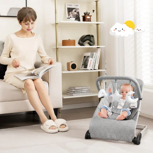 COSTWAY Foldable Baby Bouncer With Removable Fabric Cover and Toy Bar-Gray