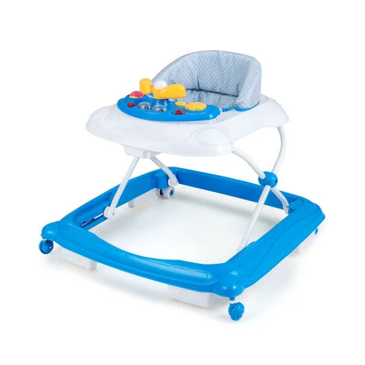 COSTWAY Foldable Baby Walker With 3 Adjustable Heights and Padded Seat-Blue