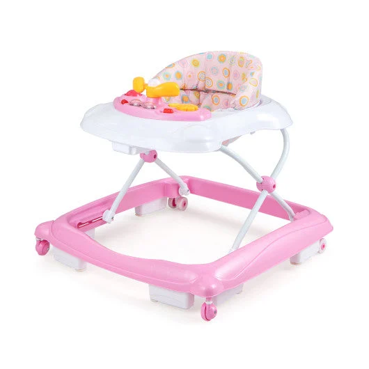 COSTWAY Foldable Baby Walker With 3 Adjustable Heights and Padded Seat-Pink