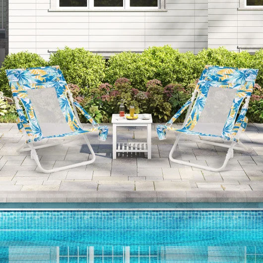COSTWAY Folding Low Beach Chair Set of 2 Patio Sling Chairs With Padded Head Pillow-Blue