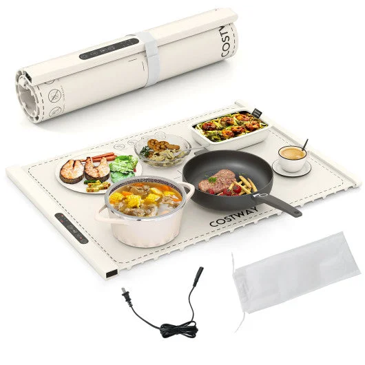 COSTWAY Food Warming Mat Rollable and Portable Electric Warming Tray With Fasting Heating-Beige