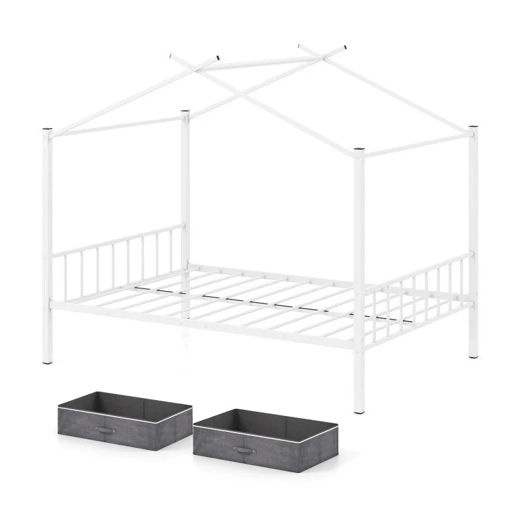 COSTWAY Full Size Metal House Bed With 2 Fabric Drawers for Kids-White