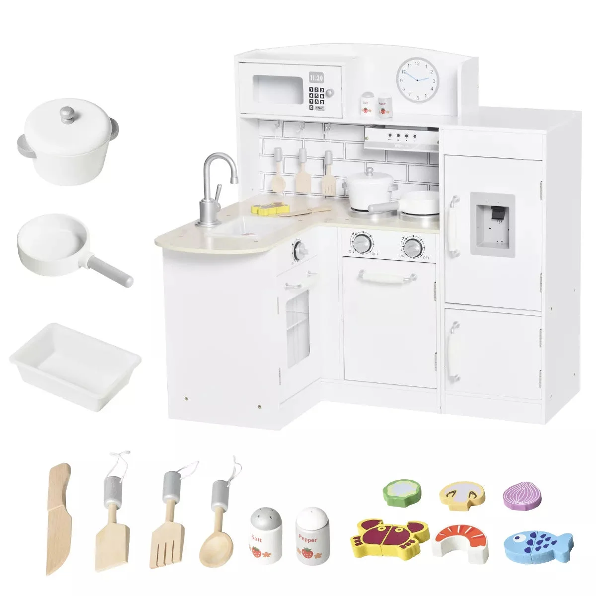 QABA Kids Play Kitchen Set Pretend Wooden Cooking Toy Set with Drinking Fountain, Microwave, Fridge and Accessories