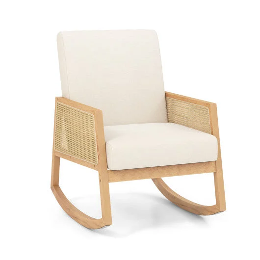 COSTWAY Rocking Chair With Rattan Armrests and Upholstered Cushion-Beige