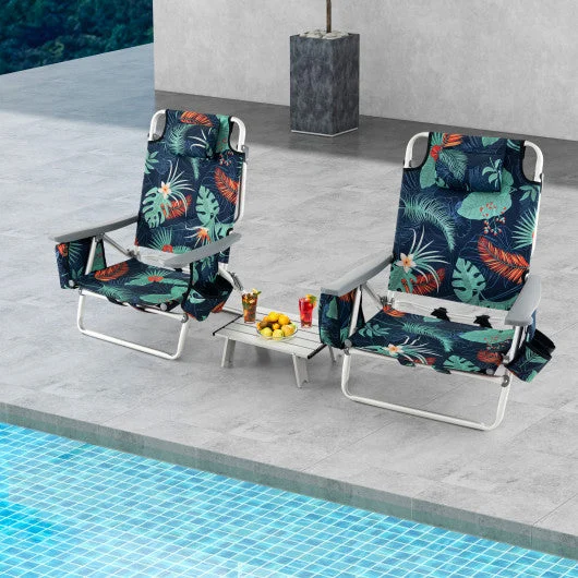 COSTWAY 2 Packs 5-Position Outdoor Folding Backpack Beach Table Chair Reclining Chair Set-Green
