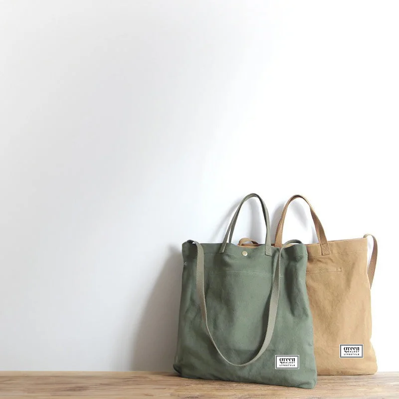 GREEN WALNUT Cotton Canvas Tote Bag With Pocket and Zipper