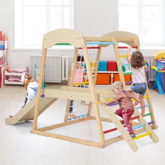 COSTWAY 6-in-1 Indoor Jungle Gym Kids Wooden Playground With Monkey Bars-Multicolor