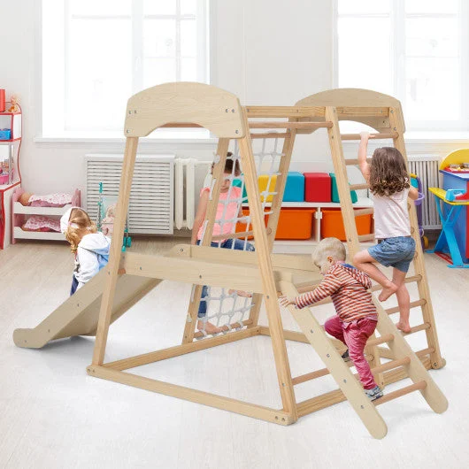 COSTWAY 6-in-1 Indoor Jungle Gym Kids Wooden Playground With Monkey Bars-Natural