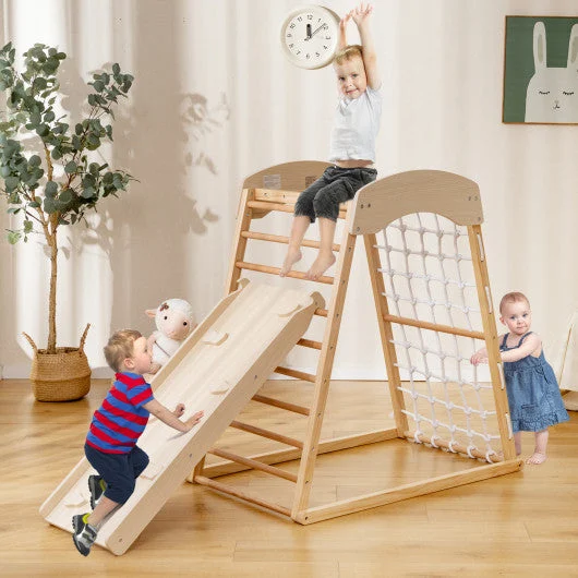 COSTWAY 6-in-1 Jungle Gym Wooden Indoor Playground With Double-Sided Ramp and Monkey Bars-Natural