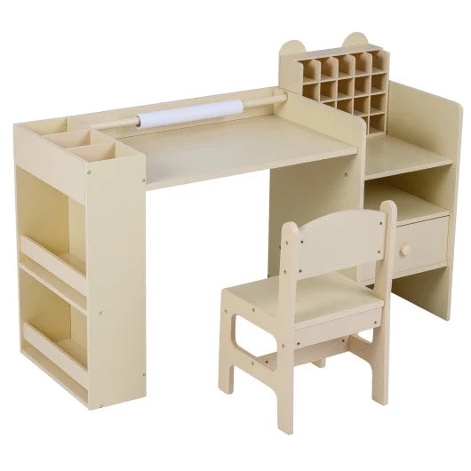 COSTWAY Kids Art Table and Chair Set With Detachable Paper Roll Holder and Cabinet-Natural