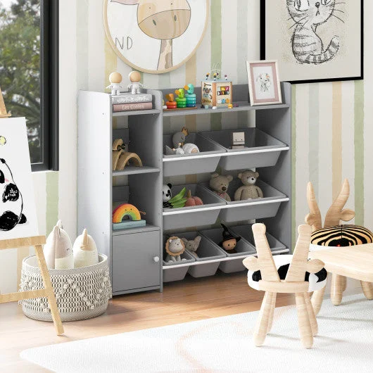 COSTWAY 4-Tier Kids Bookshelf and Toy Storage Rack With 8 Toy Organizer Bins-Grey