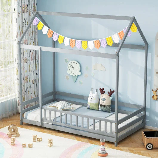 COSTWAY Twin Size Kids House Bed Wooden Floor Bed With Roof and Full-Length Safety Guardrail-Gray
