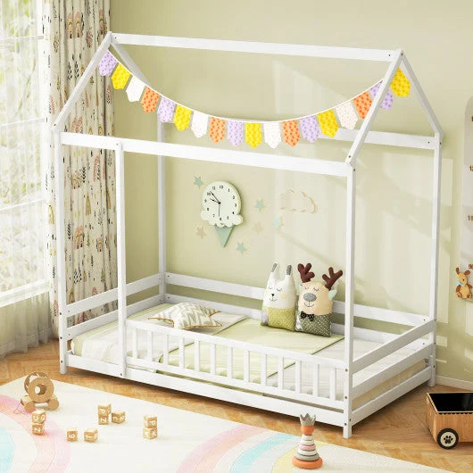 COSTWAY Twin Size Kids House Bed Wooden Floor Bed With Roof and Full-Length Safety Guardrail-White