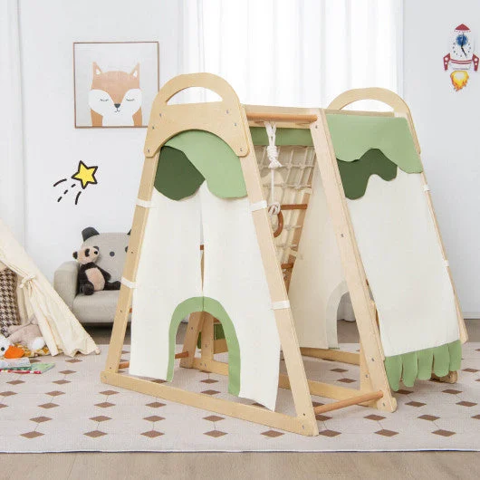 COSTWAY 6-in-1 Wooden Kids Jungle Gym Playset With Slide Climbing Net-Natural