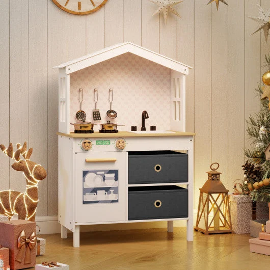 COSTWAY Kids Play Kitchen Children Toy Kitchen Playset With 2 Stoves and Rotation Knobs-White