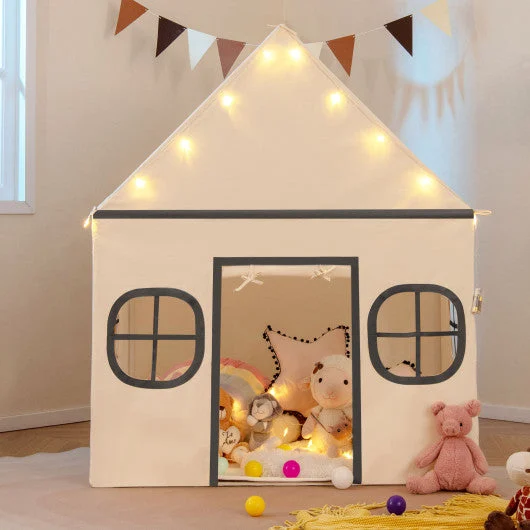 COSTWAY Kids Play Tent Large Playhouse With Door Curtain and Windows Star Lights-Beige