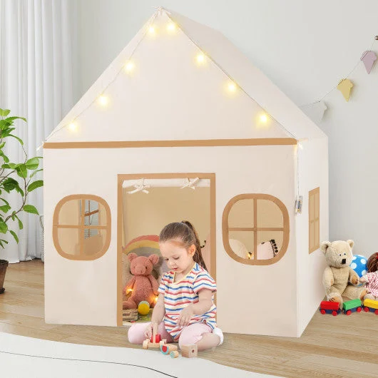 COSTWAY Kids Play Tent Large Playhouse With Door Curtain and Windows Star Lights-Coffee
