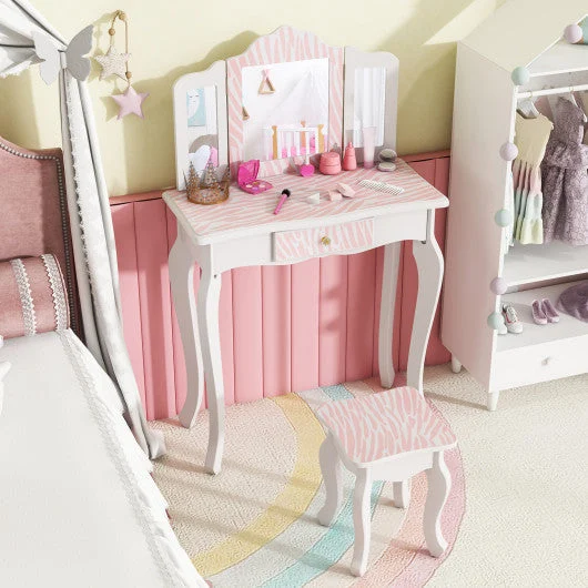 COSTWAY Kids Vanity Set With Drawer and 3 Makeup Accessories-Pink