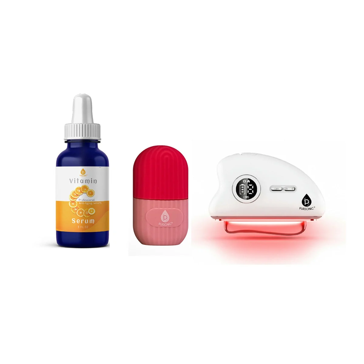 Pursonic Radiance Renewal Set – Red Light Gua Sha Tool, Vitamin C Serum & Cooling Ice Roller