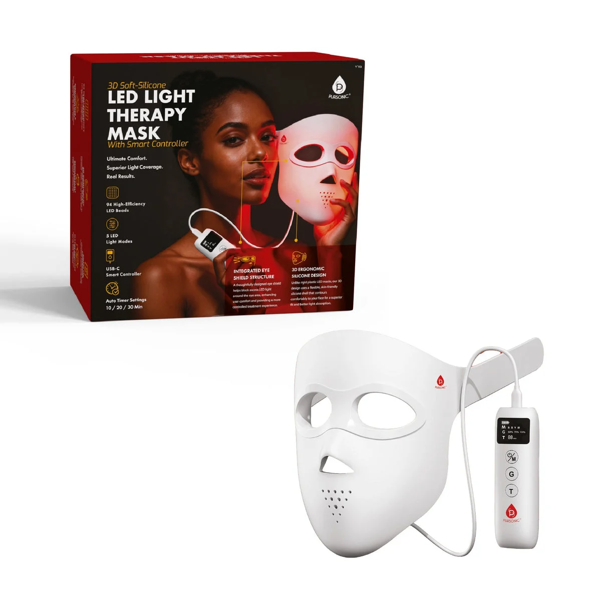 Pursonic 3D Soft-Silicone LED Light Therapy Mask With Smart Controller