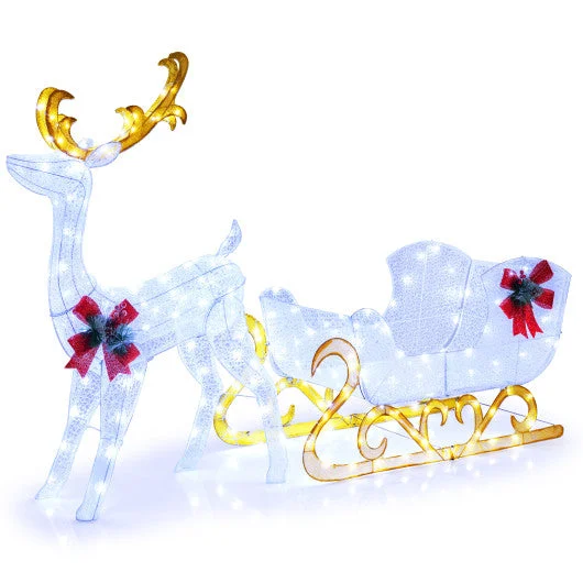 COSTWAY 6 Feet Christmas Lighted Reindeer and Santa's Sleigh Decoration With 4 Stakes-White