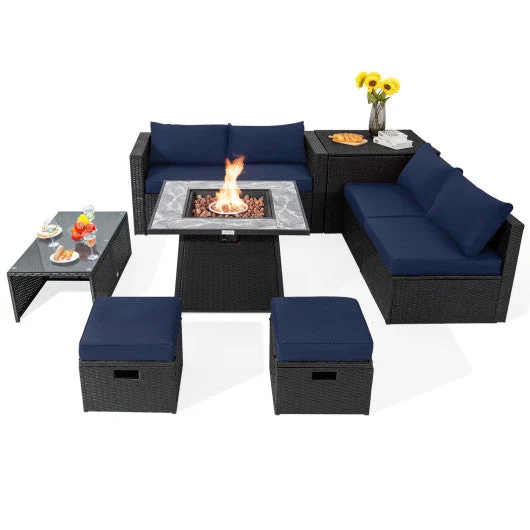 COSTWAY 9 Pieces Outdoor Wicker Sectional With 35 Inch Gas Fire Pit Table-Navy