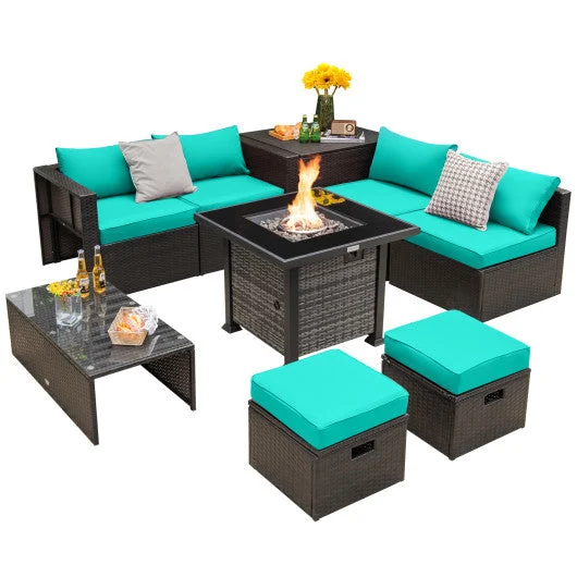 COSTWAY Outdoor 9 Pieces Patio Furniture Set With 50 000 BTU Propane Fire Pit Table-Turquoise