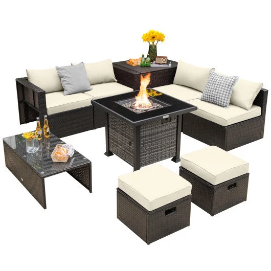 COSTWAY Outdoor 9 Pieces Patio Furniture Set With 50 000 BTU Propane Fire Pit Table-Off White