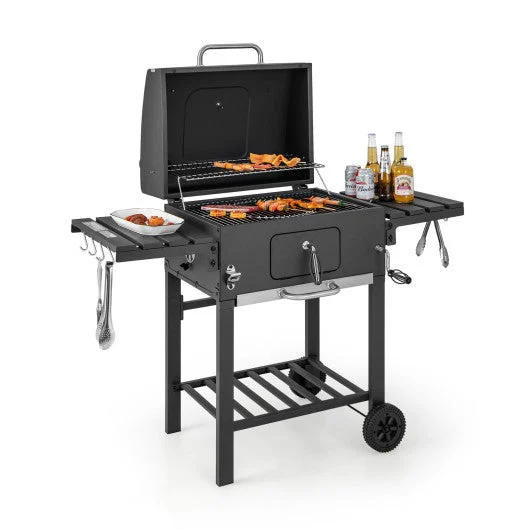 COSTWAY Outdoor BBQ Charcoal Grill With 2 Foldable Side Table and Wheels