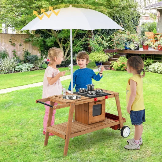 COSTWAY Wooden Play Cart With Sun Proof Umbrella for Toddlers Over 3 Years Old-Brown