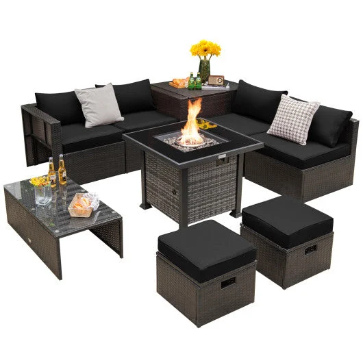 COSTWAY Outdoor 9 Pieces Patio Furniture Set With 50 000 BTU Propane Fire Pit Table-Black
