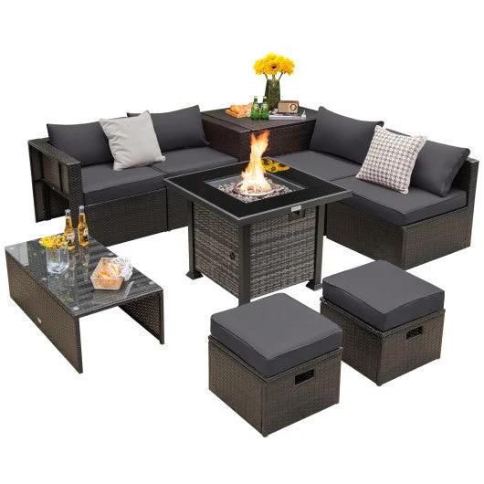 COSTWAY Outdoor 9 Pieces Patio Furniture Set With 50 000 BTU Propane Fire Pit Table-Gray