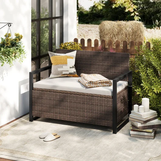 COSTWAY Patio Storage Bench-Mix Brown and Off White