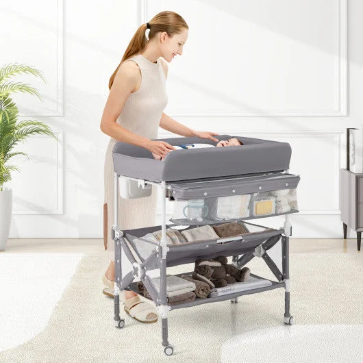 COSTWAY Portable Baby Changing Table With Wheels and Large Storage Rack-Gray